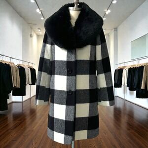 Kate Spade Buffalo Plaid Wool Blend Coat Removable Faux Fur Collar Coat Size S